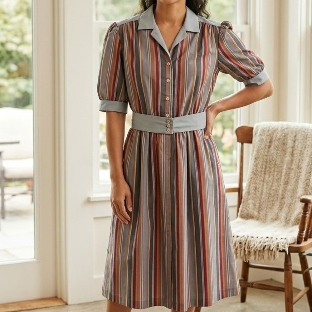 Vintage Avon Fashions Striped Midi Dress w Belt Made in USA Grey Multi 80s